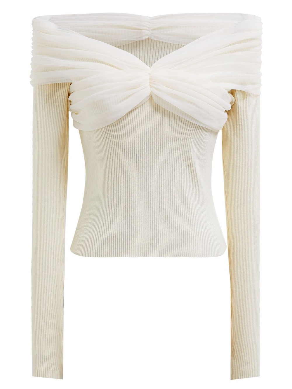 Off-Shoulder Twist Front Ribbed Top in Cream